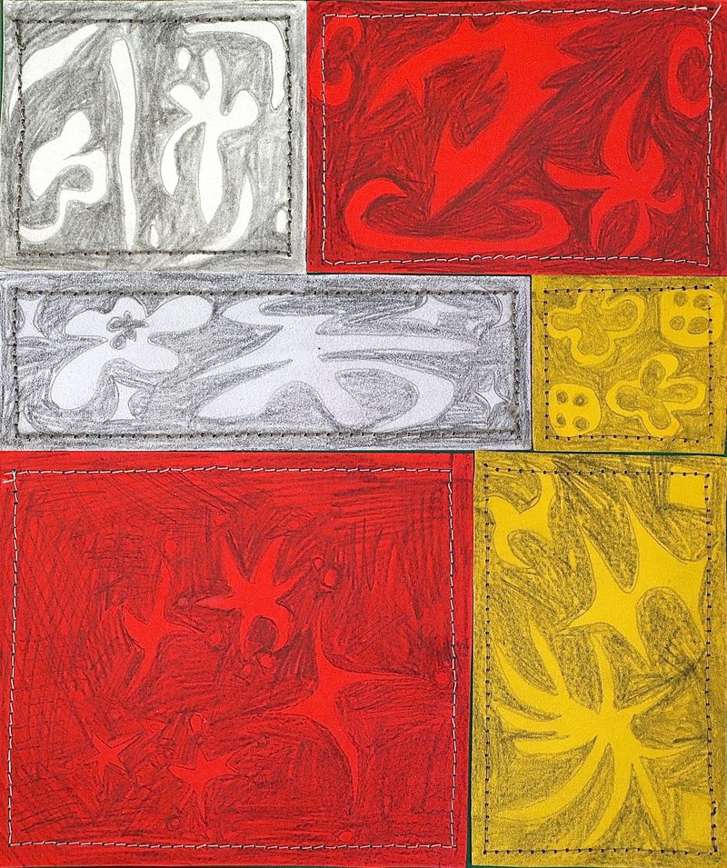 Grid of white, red and yellow paper blocks, each sewn with a different thread